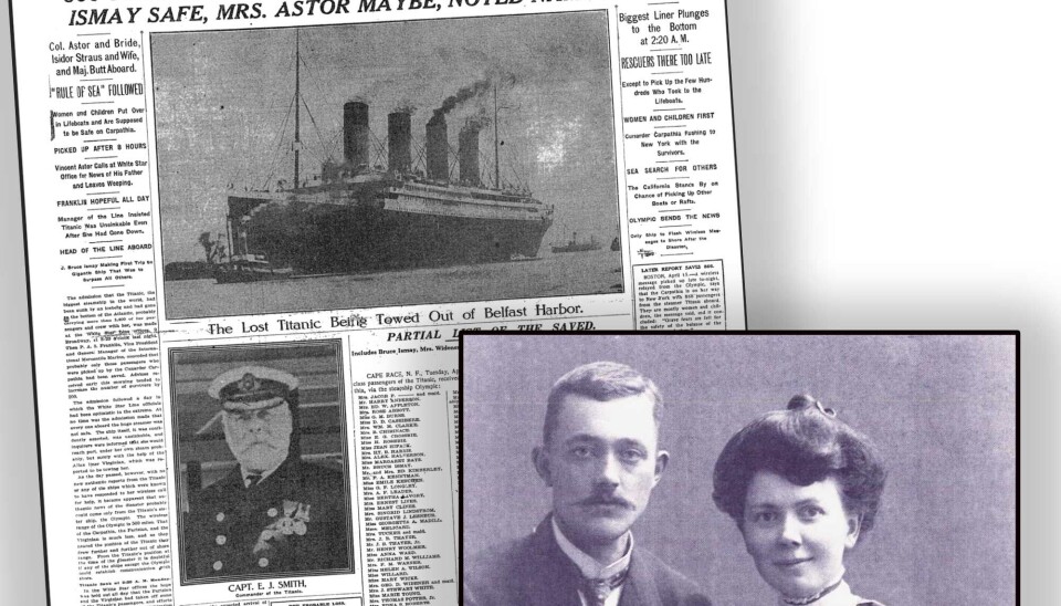 Forsiden av The New York Times 16. april 1912 og innfelt: Johan og Bertha Holten i Bergen, mandag 1. april 1912.