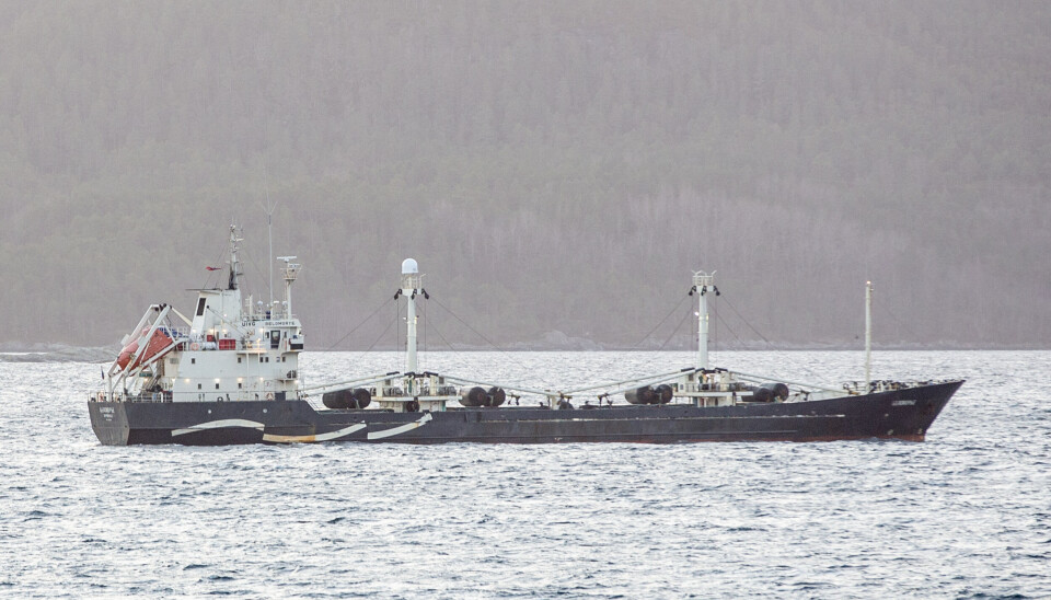 Det russiske fryseskipet Belomorye liggende på Freifjorden ved Kristiansund.