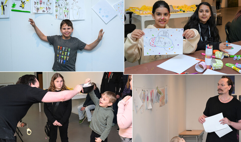 Øverst t.v.: David Viktil (9). Øverst t.h.: Søstrene Aya (10) og Noor (12) – med etternavnet Abed Alrazzak Alibrahim. Nederst t.v.: Sigurd Mathias Høgset Olsen (6) trekker en av vinnerne fra skålen til daglig leder Arne Beck. Bilde nederst t.v.: Arne Beck foran de mange barnetegningene.