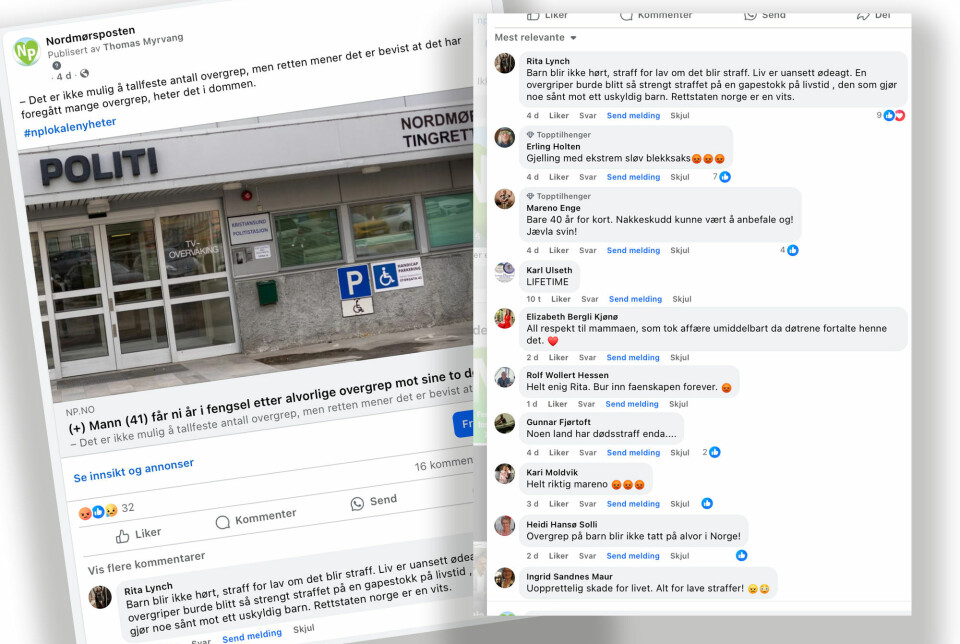 Faksimile fra reaksjonene på Nordmørspostens Facebook-side etter incest-dommen mot familiefaren.