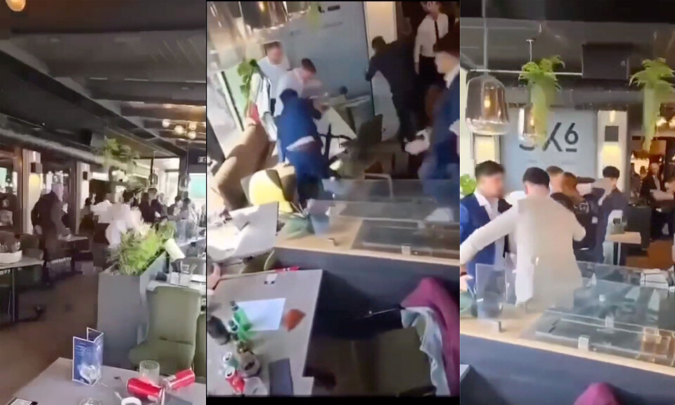 Fra masseslagsmålet utenfor SK6 lørdag 17. mai 2024. (Skjermbilder/leservideoer.)