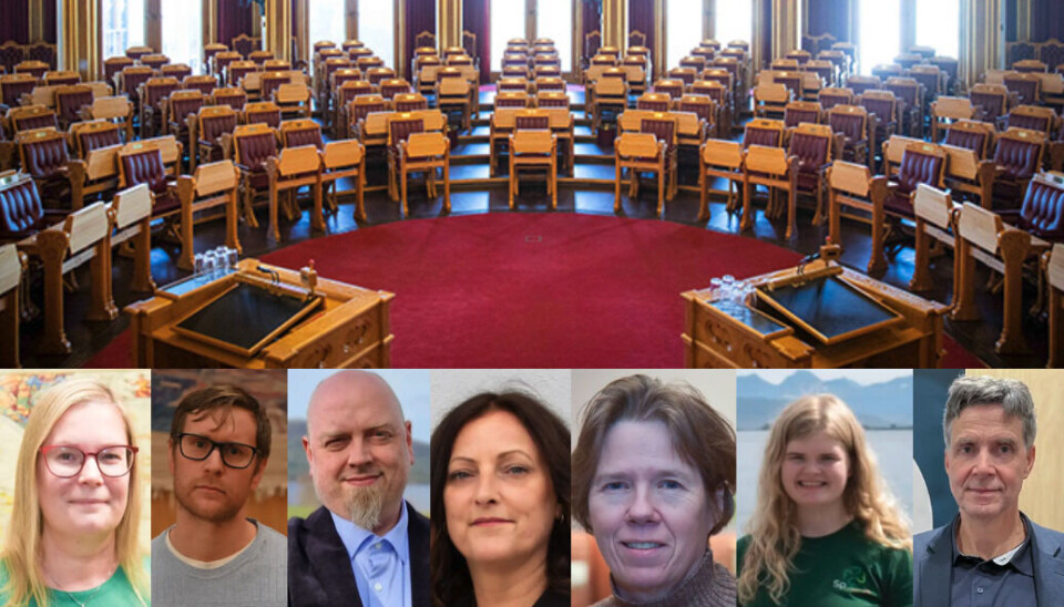 Stortingsvalget 2025. F.v.: Line Karlsvik (SV), Mattis Himo (Rødt), Vegar Kristiansen Vaag (INP), Berit Tønnesen (Ap), Gro Santi Johnsen (MDG), Dordi Boksasp Lerum (Sp) og Erik Rolfsen (V).
