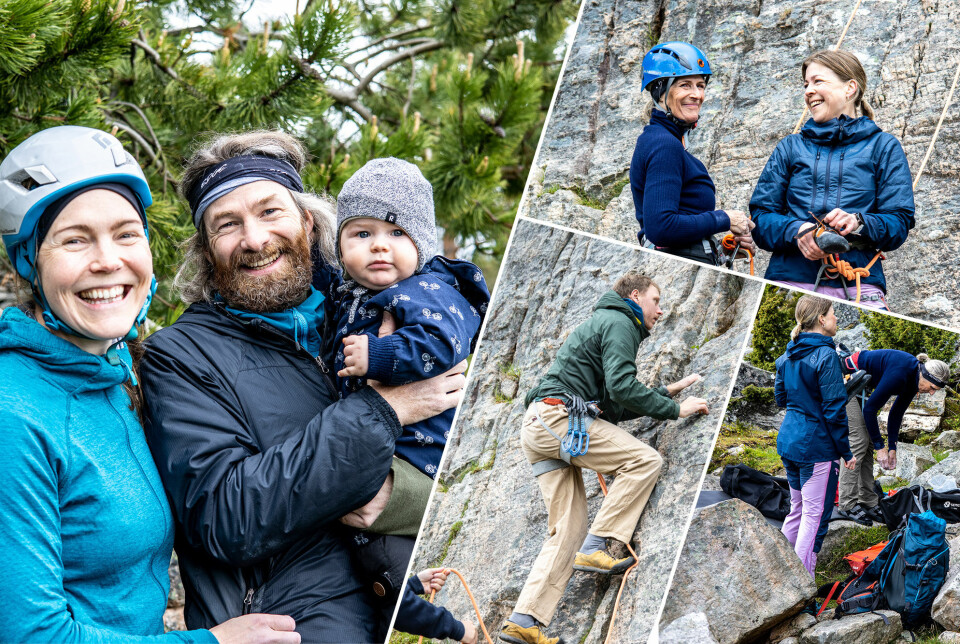 Første bilde: Anna Ervik Johnsen (38) fra Bådalen, Averøy og Torbjørn Nordeide (42), opprinnelig fra Sunnfjord, har med seg sønnen Per Julian på åtte måneder.. Bildet øverst til høyre: Det er god stemning når Kari Gjengstø t.v og Karianne Hammervik t.h. gjør seg klar. Bildet i midten: Peter Polakovic får sikring av Håkon Hamre, med litt tips til noen nye stikk , før han gir seg i vei opp bergveggen. Bildet nederst til venstre: Karianne Hammervik, Kari Gjengstø.