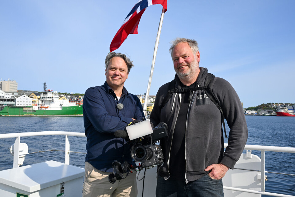 TV 2 sitt team fra God morgen Norge besøkte Kristiansund tirsdag 3. juni. Fv.: reporter Bjarte Ragnhildstveit og fotograf Erik Manshaus.
