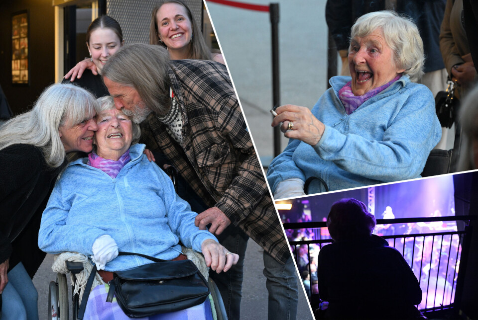 T.v.: Svanhild og Elg gir Reidun Elgenes et kyss etter endt konsertkveld. Bak barnebarnet Live med oldebarnet Tyra. Øverst t.h.: Reidun Elgenes i storslag. Nederst t.h.: Reidun så konserten fra denne vinkelen.