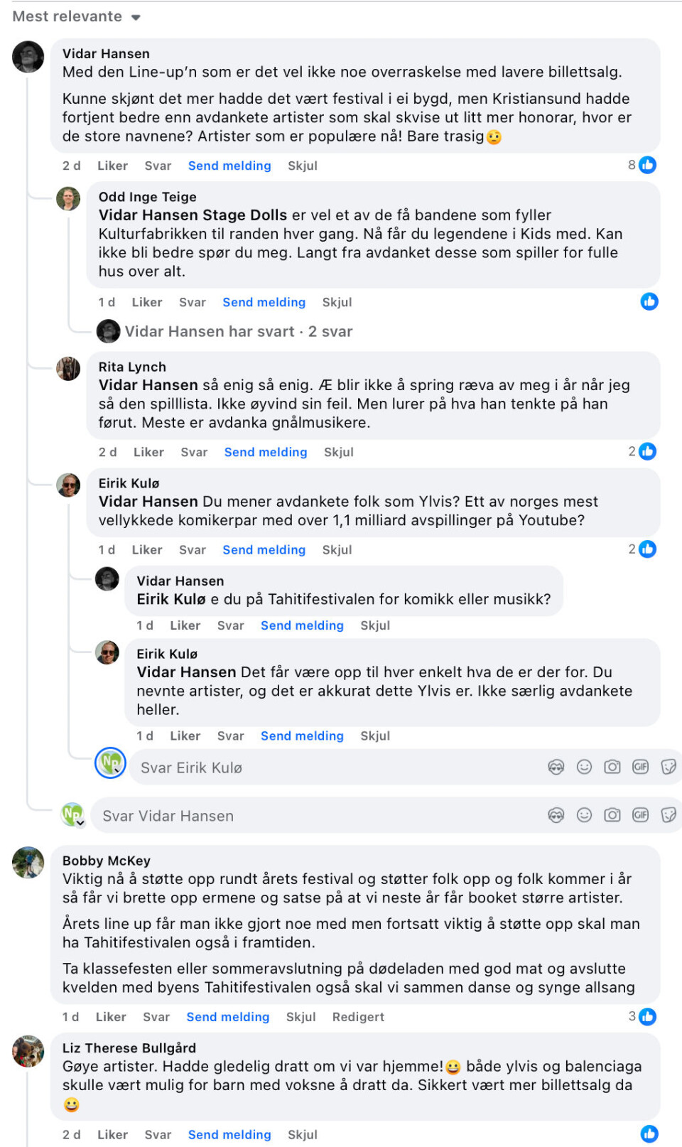 Fra debatten om Tahitifestivalen 2025, som skulle finne sted i Skjærva på Innlandet i Kristiansund 27. og 28. juni, på Nordmørspostens Facebook-side.
