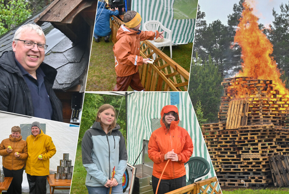 Øverst t.v.: Svein Heggem, eier av Byskogen Camping og leder av Kristiansund KFUK-KFUM Speidergruppe. Nederst t.v.: Edvard Magne Lærum Joe fra Kristiansund KFUK-KFUM Speidergruppe og en frivillig forelder på ballkast. Midten oppe: en ung entusiastisk tilskuer forsøker seg på ringkasting. Midten nede: Melena Krakeli og Hedda Moe Torvik fra Kristiansund KFUK-KFUM Speidergruppe.