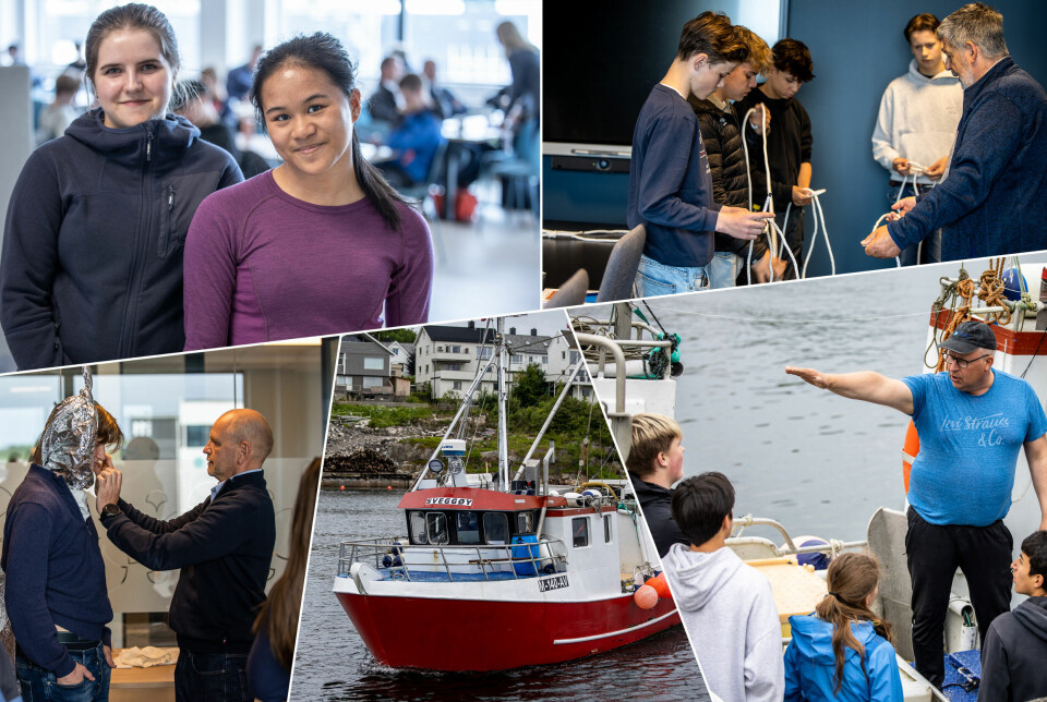 Venstre topp: Pernille Nerland (14) fra Elnesvågen og Jeanine Calosor Dyrseth (14) fra Gjendem deltar på sikkerhetsdagen for ungdomsfiskere i Kristiansund. Høyre topp: Kjell Thomassen lærer bort knuter og behandling av tau. Venstre nede: Terje Rødahl chief advisor hos Norseye viser ungdomsfiskerne hvordan de kan bruke alt fra søppelsekker og ulltepper når ulykken er ute. Nede høyre: Åge Pedersen fra Averøy påpeker viktigheten av dette tiltaket for å få rekruttering til yrke.