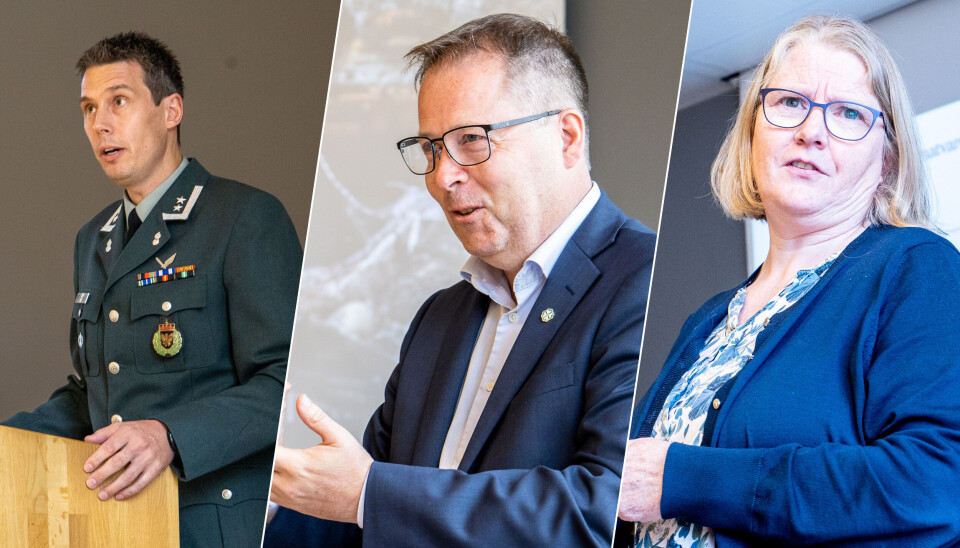 Fra venstre: Richard Moen, oberstløytnant og sjef for Heimevernsdistrikt 11 · Bjørn Arild Gram, tidligere forsvarsminister og nestleder i Senterpartiet · Hilde Roald, Operations Director, Skretting Kristvika.