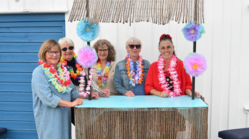 Ivrige damer! F.v.: Tone Rokstad, Bodil Ovesen, Tove Skjølseth, Marianne Kjønnøy og Hege Sky i Innlendingen, en forening for lokalsamfunnet på øya kristiansunderne kaller «Tahiti». Tahiitbrygga er duket for Tahitifest lørdag 27. juni. FOTO: PER MORK