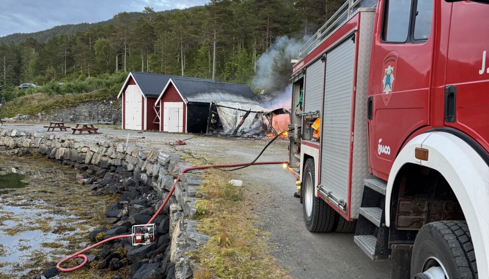 Fra brannstedet lørdag 5. juli 2025. Åstedet er Årsund hyttefelt i Kvisvika i Tingvoll kommune. Foto: NP-tipser