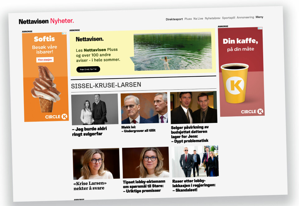 Skjermbilde fra Nettavisens mange Kruse Larsen-oppslag sommeren 2025. (08.07.2025).