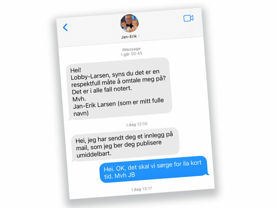 Tekstmelding fra Jan Erik Larsen, partner og daglig leder i Kruse Larsen AS, til redaktør John Berge i Nordmørsposten.