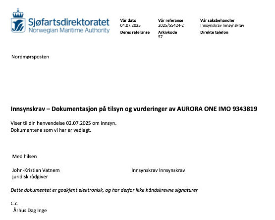 Svarbrev på innsynskrav til Sjøfartsdirektoratet.