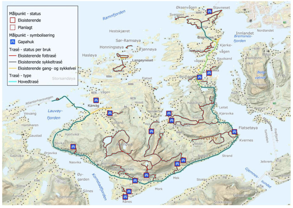 FRILUFTSLIVETS FERDSELSÅRER: Kart over Averøy viser eksisterende og planlagte ferdselsårer for å fremme universell utforming og bærekraftig transport.