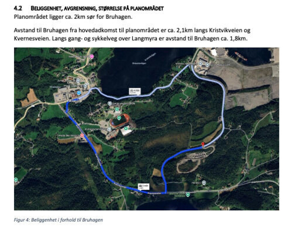 REGULERINGSPLAN: Planområdet for Steinsvikhøgda ligger ca. 2 km sør for Bruhagen, med foreslåtte gang- og sykkelveier.