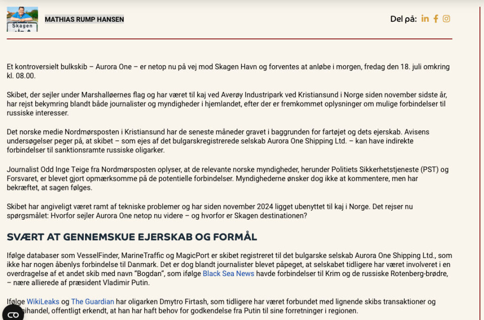 Skjermbilde fra Skagen Nytt sin artikkel om Aurora One.