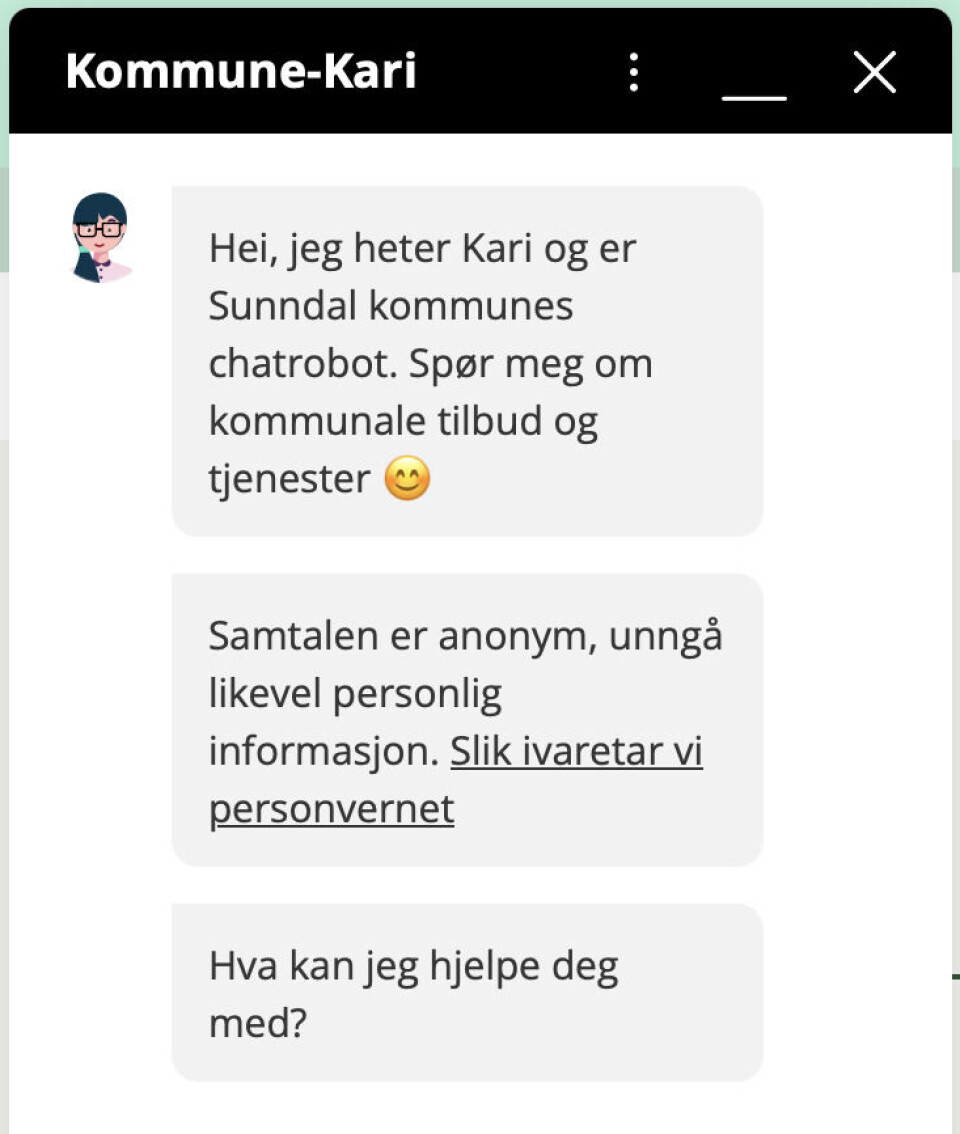 Chatbot ved navn Kommune-Kari hjelper deg i Sunndal kommune.