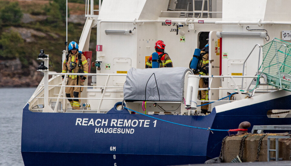 Gasslekkasje ombord i skipet «Reach Remote 1» fra Haguesund på Dale ved gamle Sterkoder. FOTO: VEGARD GRIMSTAD