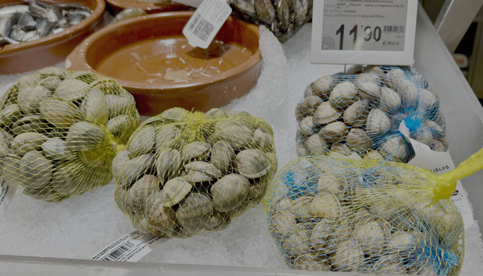 Poser med hjerteskjell til salgs på supermarkedet i Cambados.