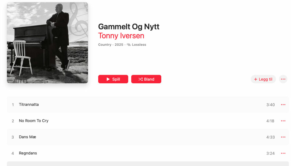 Tonny Iversen med nytt album: «Nytt og Gammelt» – en hyllest til liv, lengsel og Veiholmen. Her er fra oppføringen på Apple Music. (Skjermbilde.)