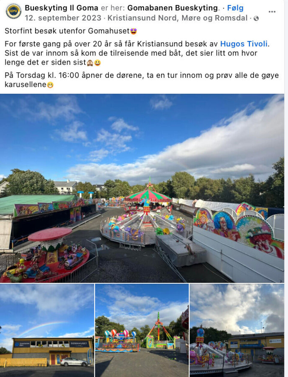 Skjermbilde fra Bueskyting Il Goma sin Facebook i 2023. Da hadde Hugos Tivoli sitt første besøk i Kristiansund på over 20 år. Nå er de tilbake for tredje år på rad. I 2023 var de ved Gomabanen og i 2024 i Pilotveien ved Kvernberget lufthavn.