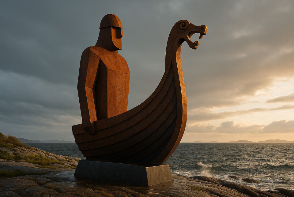 Slik kan et framtidig monument se ut: En abstrakt vikingfigur i baugen av et vikingskip med dragehode, vendt ut mot havet.