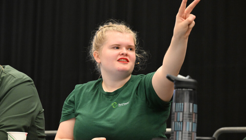 Tingvollingen Dordi Boksasp Lerum (22) fra Senterungdommen under skoledebatten på Kristiansund videregående skole tirsdag 2. september 2025. Hun stiller på tredjeplass på Senterpartiet Møre og Romsdals stortingsvalgsliste 2025.