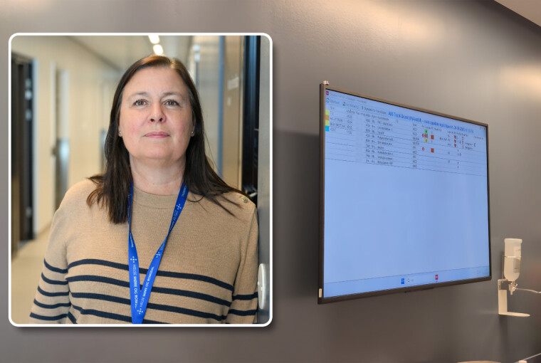 Innfelt: Britt Rakvåg Roald, klinikksjef ved Sjukehuset Nordmøre og Romsdal (SNR) da vi møtte henne på Hjelset i Molde kommune. Hovedbildet viser en av skjermene med pasientopplysninger. Bildet er sladdet. FOTO: JOHN BERGE & innsendt leserbilde.