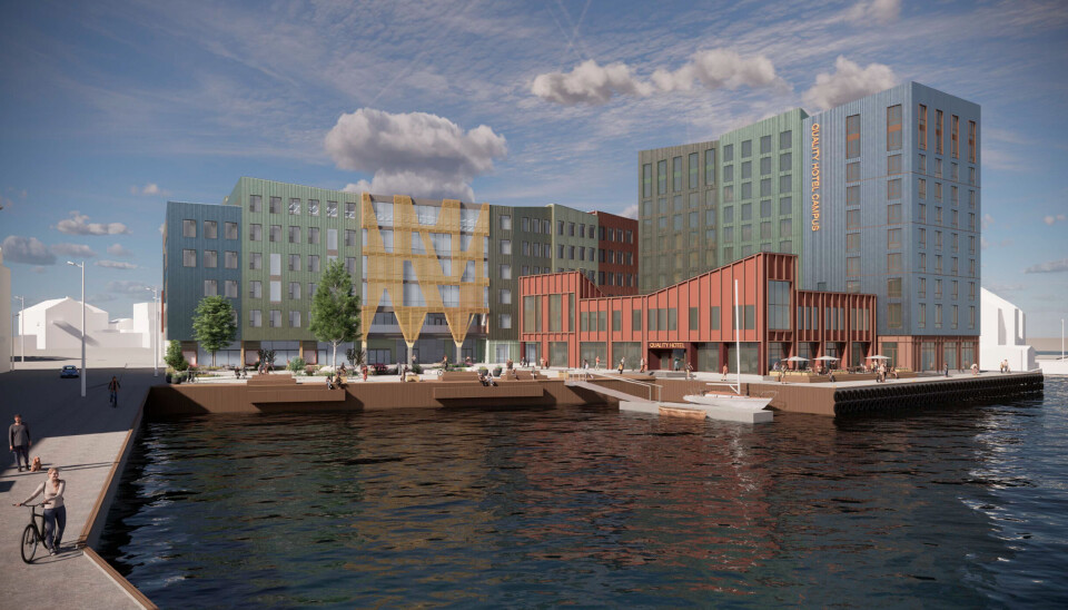 Illustrasjpn av hotellet og uteområdet foran campus.
