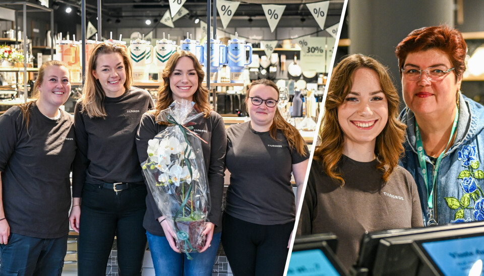 Fra venstre: Netti Hegg Hilland, Randi Nilsen, Sofia Hafskjær (Butikksjef) og Malin Solvold. Innfelt bilde til høyre: Sofia Hafskjær og hennes mor Tatiana Halvorsen, Tatiana var første kunde i den nye Tilbords.