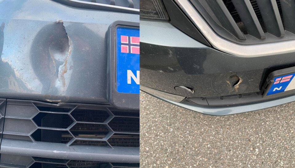 Slik ser skadene ut etter at en ukjent bil rygget på en grå Skoda Rapid Spaceback 2016-modell onsdag 24. september. Føreren stakk fra stedet uten å melde fra. Nå håper bileieren at vitner eller bilkameraopptak kan bidra til å oppklare hendelsen.