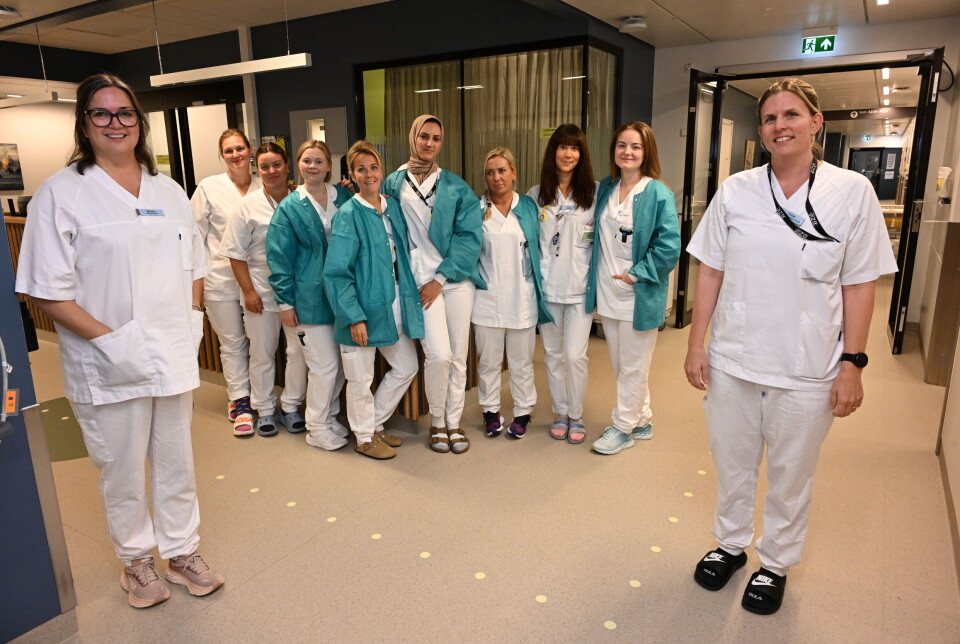 F.v.: Beate Svanemsli Lyngvær, seksjonsleder ved Akutt 24, Marte Rambech, Tiril Aarø, Malin Kristiansen, Kristine Kringstad, Sabah El bezazi, Jannicke Martinsen Thomassen, Tove Granström, Tuva Skar Kvammen og Trine Torset Olsen, assisterende seksjonsleder ved Akutt 24. FOTO: JOHN BERGE
