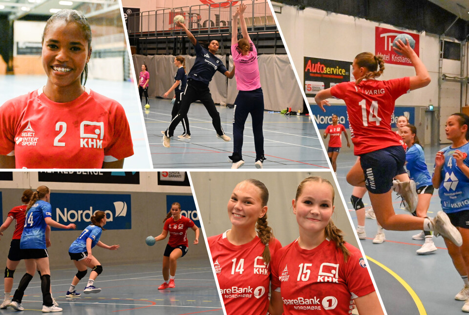 Øverst t.v.: Mariam Salih Ali spiller for Kristiansund Håndballklubbs damelag. Nederst i bunn: Lærke Torkilsdatter Sagli (t.h.) i aksjon for Kristiansund Håndballklubb i kampen mot Molde. Midten øverst: Mariam Salih Ali på oppvarming før kampen mellom Kristiansund Håndballklubbs damelag og Molde. Nederst t.v. og øverst t.h.: Live Torkilsdatter Sagli i aksjon for Kristiansund Håndballklubb i kampen mot gamleklubben Molde. Midten nederst: Live og Lærke Torkilsdatter Sagli spiller for damelaget til Kristiansund Håndballklubb. ALLE FOTO: TORBJØRN ANDERSEN