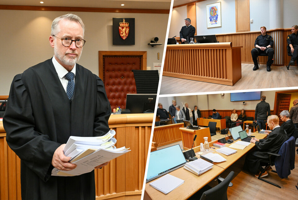 Bildet t.v.: Jogeir Nogva, statsadvokat fra Møre og Romsdal Statsadvokatembeter, førte saken mot den drapstiltalte 55-åringen. Her i sal 1 Nordmøre og Romsdal tingrett i Kristiansund. Bildet øverst t.h.: Nordmøre og Romsdal tingrett. Forsvarsadvokat Torbjørn Kolås Sognefest (t.v.) og to bevæpnede politiansatte t.h. Bildet nederst t.h.: Nordmøre og Romsdal tingrett ble for for full da mange ville overvære rettsaken mot den drapstiltalte mannen.