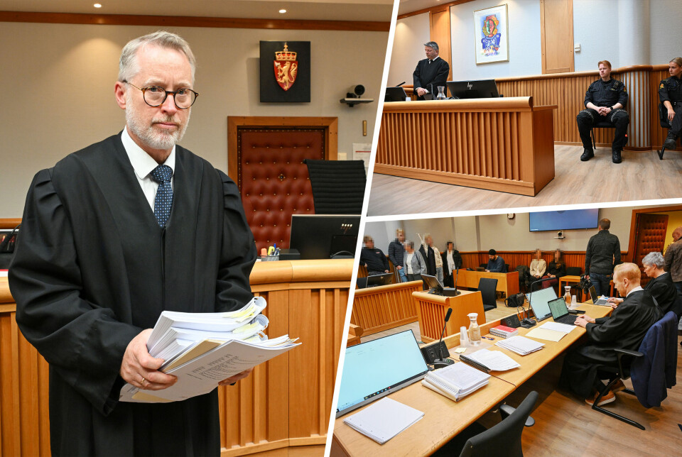 Bildet t.v.: Jogeir Nogva, statsadvokat fra Møre og Romsdal Statsadvokatembeter, fører saken mot den drapstiltalte 55-åringen. Her i sal 1 Nordmøre og Romsdal tingrett i Kristiansund. Bildet øverst t.h.: Nordmøre og Romsdal tingrett. Forsvarsadvokat Torbjørn Kolås Sognefest (t.v.) og to bevæpnede politiansatte t.h. Bildet nederst t.h.: Nordmøre og Romsdal tingrett ble for for full da mange ville overvære rettsaken mot den drapstiltalte mannen.