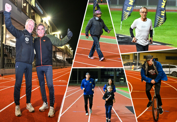 24-timers stafett på Atlanten stadion. Til venstre Helge Kruse og Oddbjørn Lomundal. I midten øverst: Dag Tore Larsen. I midten nederst: Ivar Pedersen, Maria Meisal og Ivo. Øverst til høyre: Helge Råket og nederst til høyre: Njål Kjørsvik på enhjuling.
